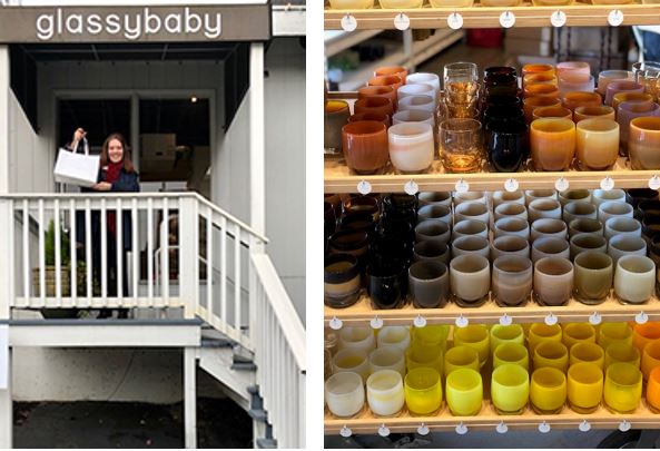 Holiday Travels - Pamela at Glassybaby store and the colorful candles