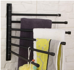 A swinging towel rack can hold pool towels and fold away when not in use.