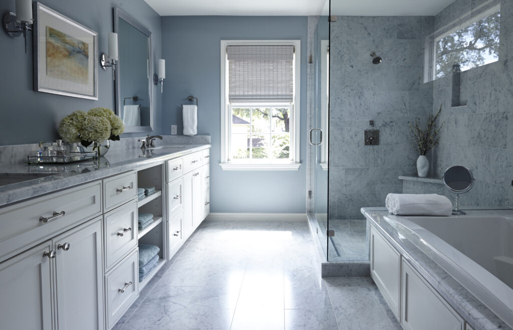 Clean masterbath design in blue and white