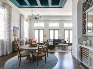 Ceiling painted teal creates a focal point