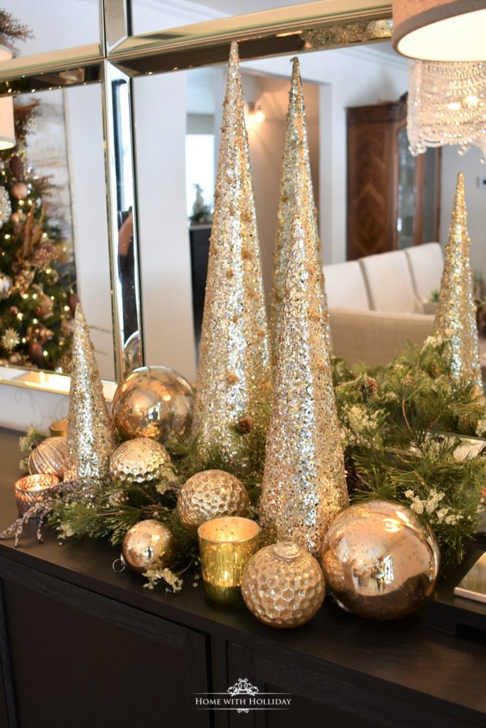 holiday table centerpiece in metallics