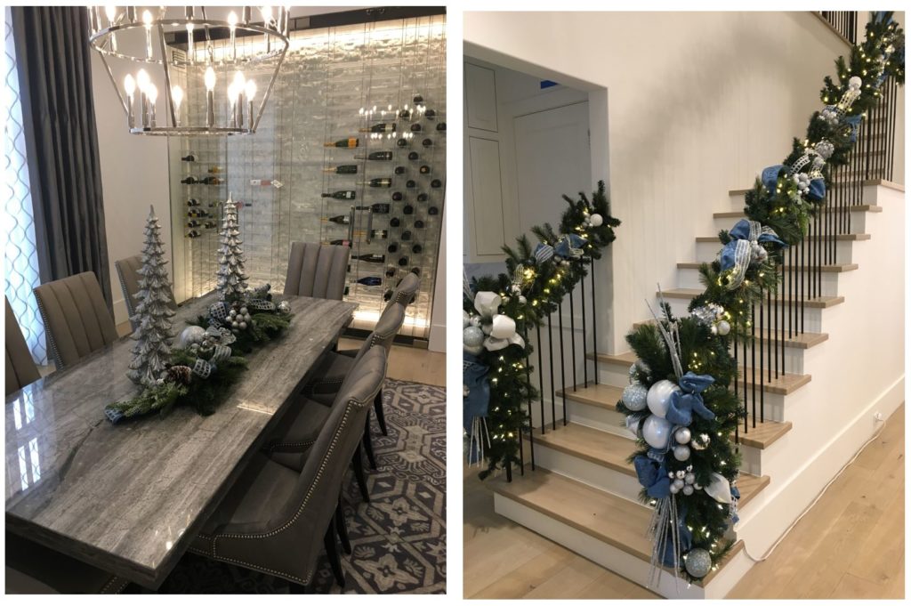 Dining Table and Stairwell decorated in blue and silver for holidays