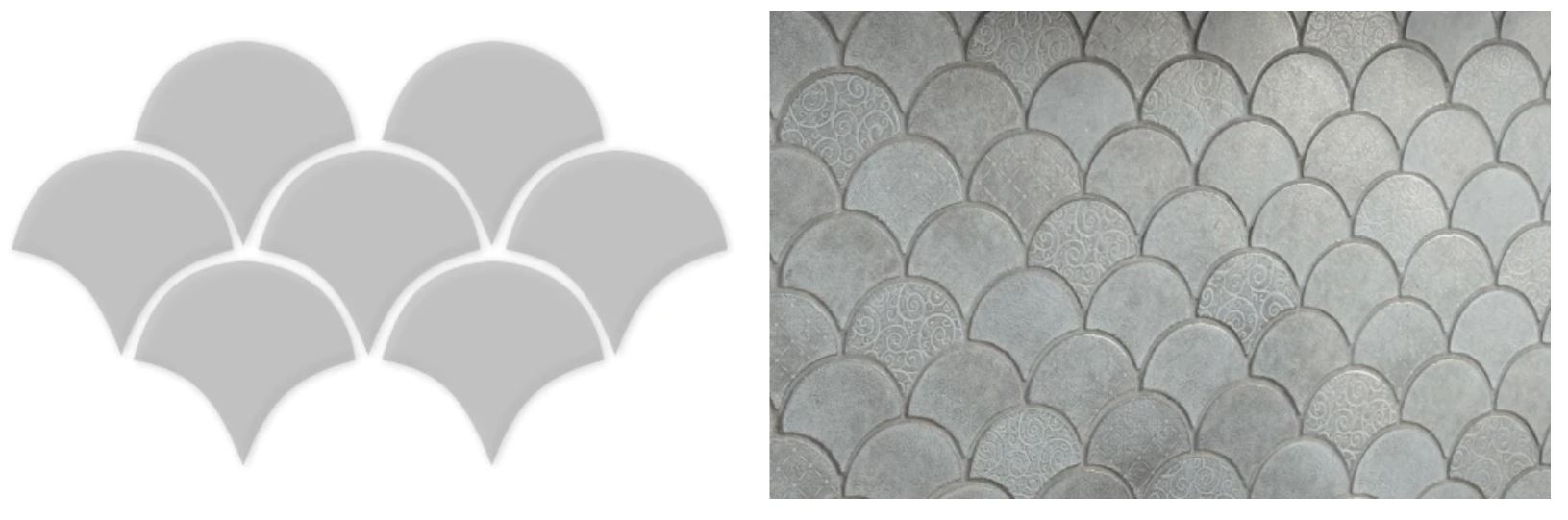 Illustration and a photo of fish scale decorative tile