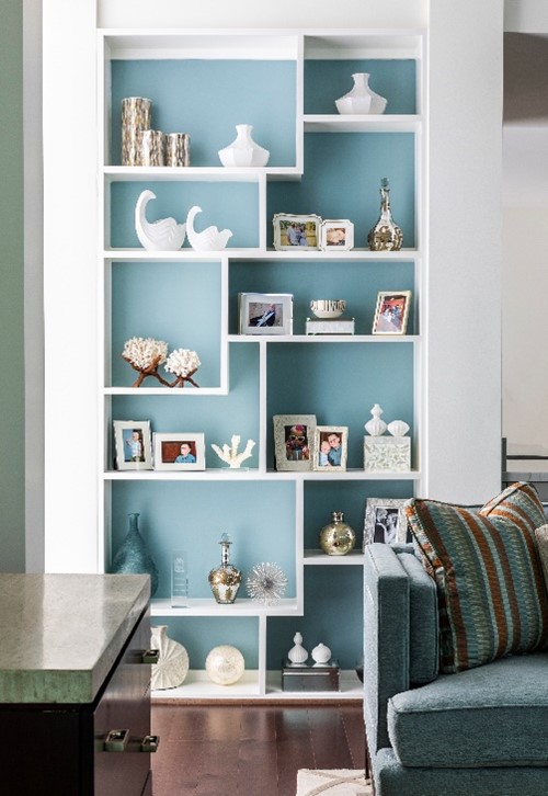 bookshelf painted turquoise and white in home improvement shows