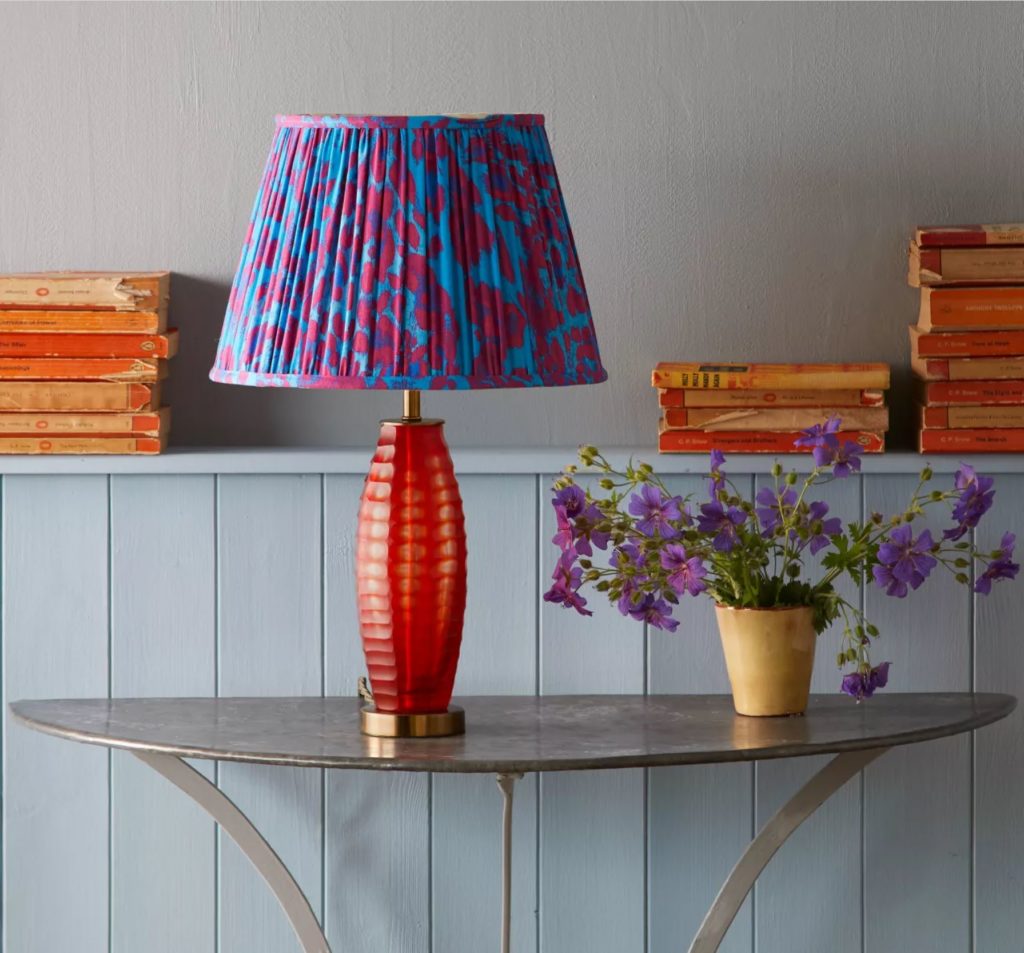 Matthew Williamson Leopard Love Lamp Shade in Blue and Red on table