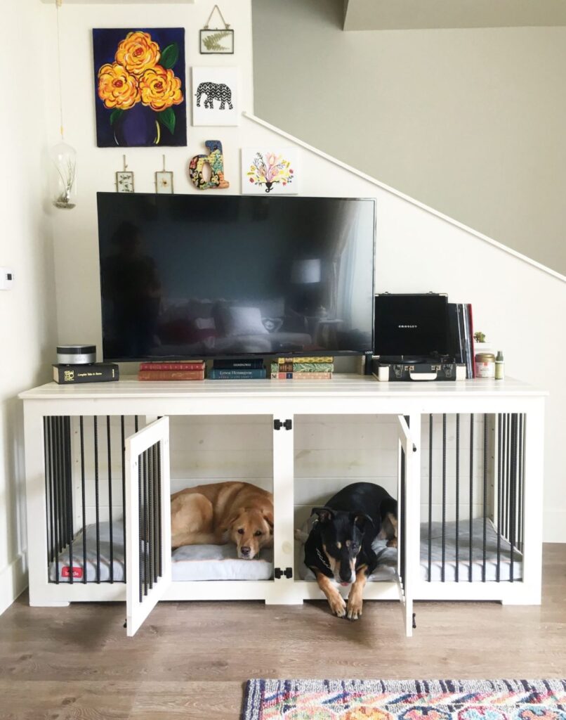 dog crates in table under stairs