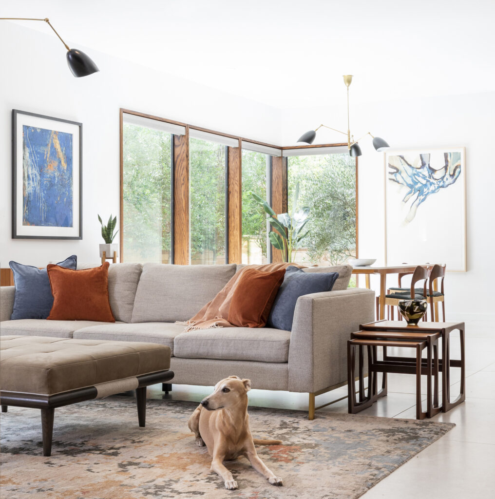A modern styled living room with two pieces by artists Steven Alexander and Arthur Turner. Steven Alexander’s Arena II hangs above the console, and Arthur Turner’s Basalt Flyer hangs above the dining table. There is a dog.