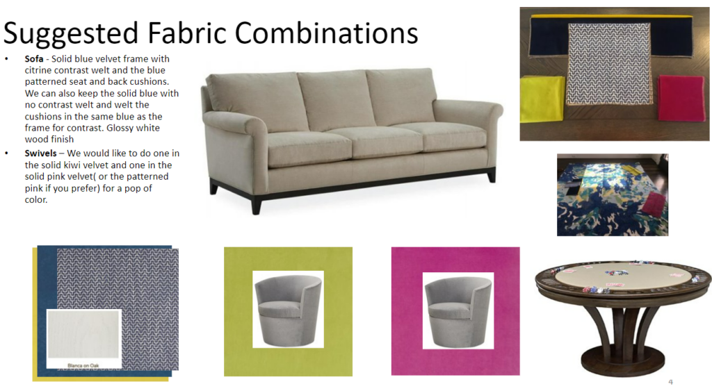 A mood board to show how different fabrics can match on upholstered furniture